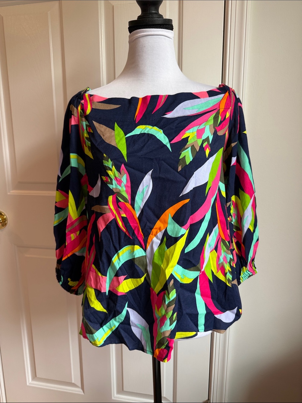 Trina Turk Navy Multicolor Tropical-Print Boatneck Blouse